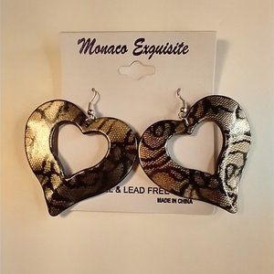 Monaco Exquisite Acrylic Gold and Black Heart Snake Print Dangle Drop Earrings